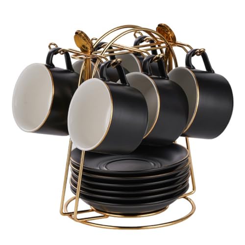HSTWODE-cappuccino tassen set Tassen & Untertassen von 6 (150 ml), Luxus-Teetasse Set mit goldenen Trimm, Kaffeetasse mit Henkel, britischer Königlicher Porzellan Tassen (Mattes Schwarz) von HSTWODE