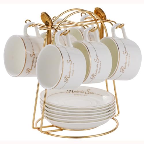 HSTWODE-cappuccino tassen set Tassen & Untertassen von 6 (200 ml), Luxus-Teetasse Set mit goldenen Trimm, Kaffeetasse mit Henkel, britischer Königlicher Porzellan Tassen (Weiß) von HSTWODE