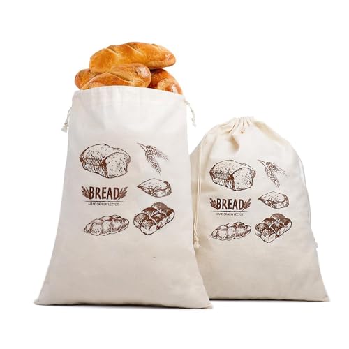 HSUYUN 2 Stück Brotbeutel Leinen, 30 × 40 Zentimeter Brotsack, Wiederverwendbare Leinen-Brot-Tasche, Cremefarben Brotbeutel, mit Zugband, für Brot, Obst und Gemüse von HSUYUN
