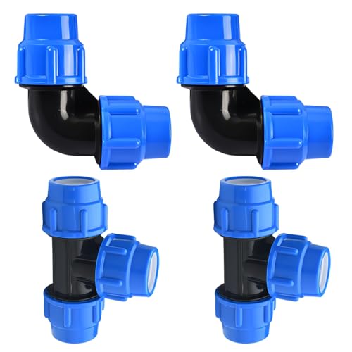 HSUYUN PE Rohr Verschraubung, 4 Stück PP Fitting Klemmverbinder, Kupplung 90 Grad und T Rohr mit Blaue Kappe, für Außeninstallationen und Innen von HSUYUN