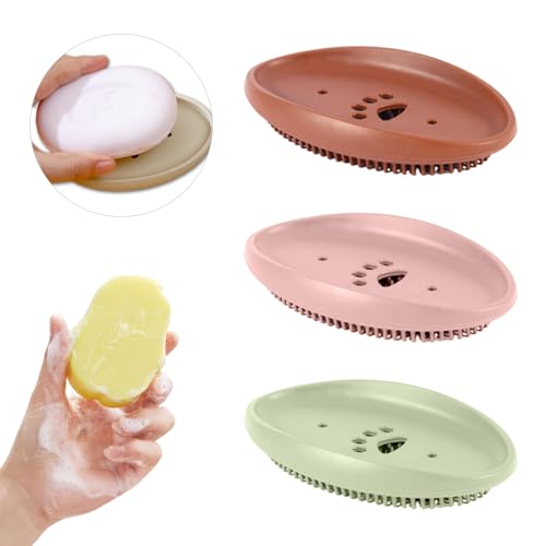 3 Stück Seifendose Reise, Seifenbox, Seifenschale mit Sblauf, Doppelfunktionale Seifendose, die sowohl als Seifenschalen als auch als Bürste verwendet Werden kann, für Badezimmer (Grün, braun, rosa) von HSYTEK