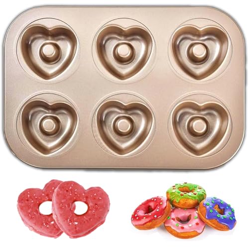 HSYTEK Donuts Backform, Mini-Donutblech, Donut-Form, Kuchenform, Bagel Backform, 6 Vertiefungen, Robuster Stahl, Herzförmige Bund für Backofen (Champagner-Gold) von HSYTEK