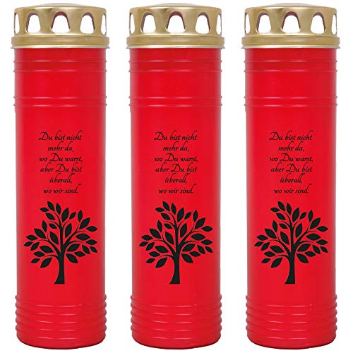 HScandle Grabkerze - 3er Pack - (Rot) Grablicht ca. 7 Tage Brenndauer je Kerze - Motiv: Baum von HScandle
