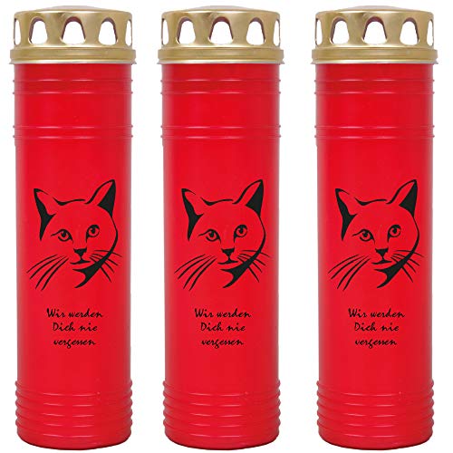 HScandle Grabkerze - 3er Pack - (Rot) Grablicht ca. 7 Tage Brenndauer je Kerze - Motiv: Katze 3 von HScandle