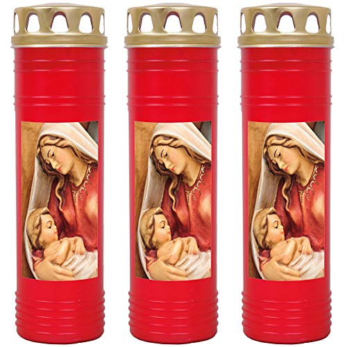 HScandle Grabkerze - 3er Pack - (Rot) Grablicht ca. 7 Tage Brenndauer je Kerze - Motiv: Maria mit Kind von HScandle
