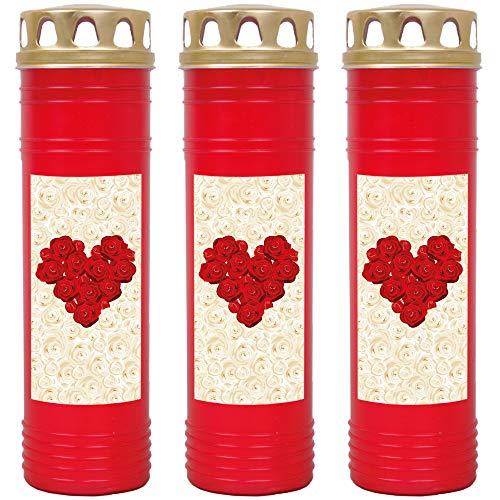 HScandle Grabkerze - 3er Pack - (Rot) Grablicht ca. 7 Tage Brenndauer je Kerze - Motiv: Rose Herz von HScandle