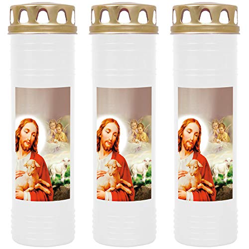 HScandle Grabkerze - 3er Pack - (Weiß) Grablicht ca. 7 Tage Brenndauer je Kerze - Motiv: Jesus mit Lamm von HScandle