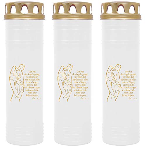 HScandle Grabkerze - 3er Pack - (Weiß mit goldenen Druck) Grablicht ca. 7 Tage Brenndauer je Kerze - Motiv: Engel von HScandle