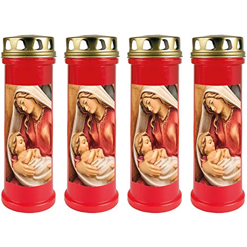 HScandle Grabkerze - 4er Pack - (Rot) Grablicht ca. 4 Tage Brenndauer je Kerze - Motiv: Maria mit Kind von HScandle
