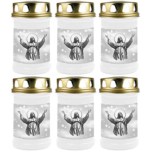 HScandle Grabkerze - 6er Pack - (Weiß) Grablicht ca. 48h Brenndauer je Kerze - Motiv: Jesus von HScandle