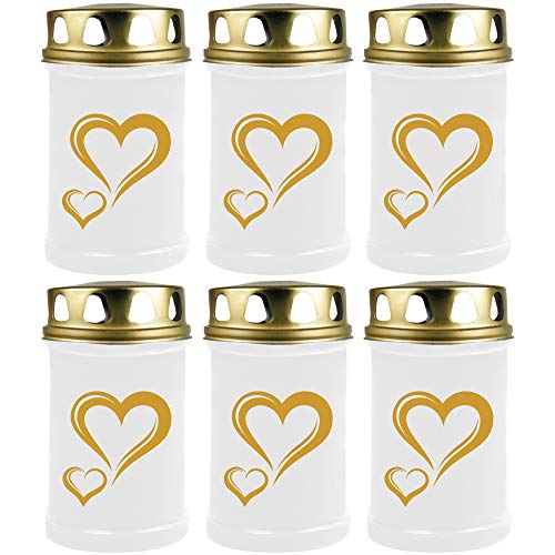HScandle Grabkerze - 6er Pack - (Weiß mit goldenen Druck) Grablicht ca. 48h Brenndauer je Kerze - Motiv: Herz von HScandle