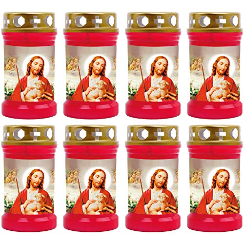 HScandle Grabkerze - 8er Pack - (Rot) Grablicht ca. 40h Brenndauer je Kerze - Motiv: Jesus mit Lamm von HScandle