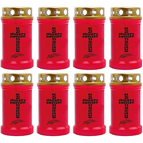 HScandle Grabkerze - 8er Pack - (Rot) Grablicht ca. 40h Brenndauer je Kerze - Motiv: Kreuz von HScandle