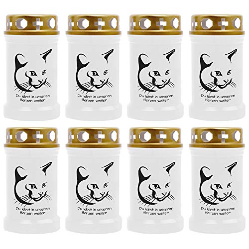 HScandle Grabkerze - 8er Pack - (Weiß) Grablicht ca. 40h Brenndauer je Kerze - Motiv: Katze 4 von HScandle