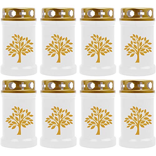 HScandle Grabkerze - 8er Pack - (Weiß mit goldenen Druck) Grablicht ca. 40h Brenndauer je Kerze - Motiv: Baum von HScandle