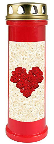 HScandle Grablicht (Rot) Grabkerze ca. 100h Brenndauer / 4-Tage Brenner - Motiv: Rose Herz, in vielen Varianten von HS Candle