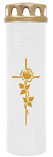 HScandle Grablicht (Weiß) Grabkerze ca. 170h Brenndauer / 7-Tage Brenner (Deckel und Druck Gold) - Motiv: Rose Kreuz, in vielen Varianten von HS Candle