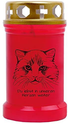 HScandle Tier Grablicht (Rot) Grabkerze ca. 40h Brenndauer - Motiv: Katze 2, in vielen Varianten von HScandle
