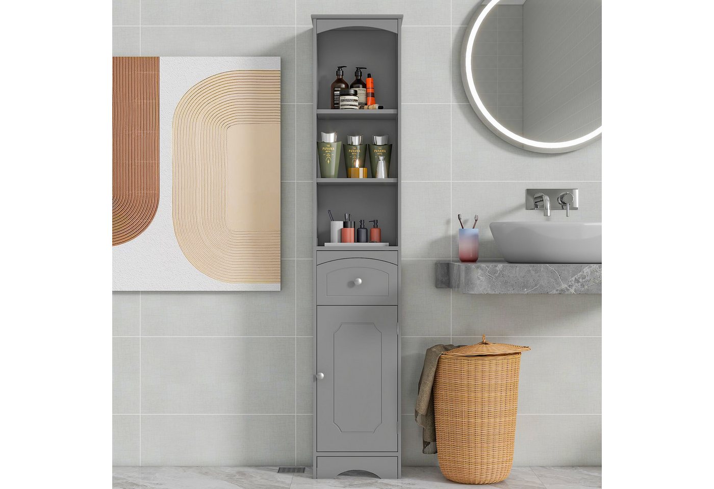 HT Hochschrank Badezimmerschrank mit Schublade, verstellbare Ablagen, 34x24x170cm von HT