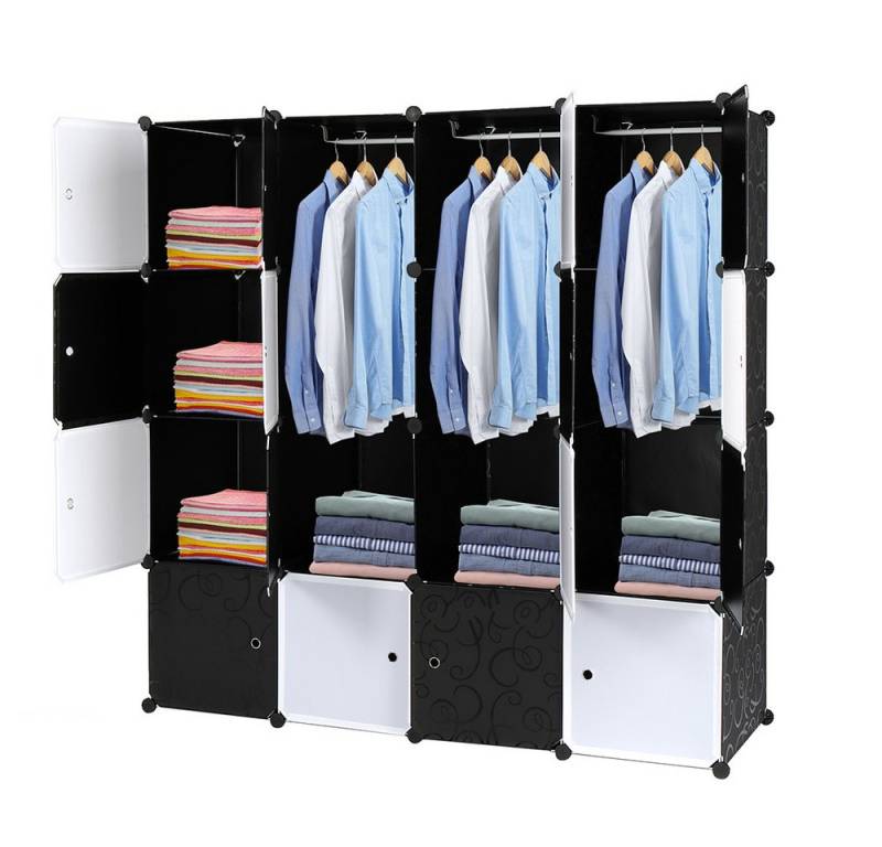HT Kleiderschrank Würfel Organizer Stapelbar, Kunststoff Würfelaufbewahrung (Kunststoff + Stahldraht mit 3 Kleiderstangen) 140 x 45 x 140cm von HT