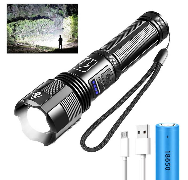 HT Taschenlampe Taschenlampe LED Aufladbar mit 20000 Lumen Extrem Hell (Zoombare Taktische Taschenlampen Starke mit 5 Lichtmodi), IP64 Wasserdichte Flashlight Torch für Camping, Wandern, Notfäll von HT
