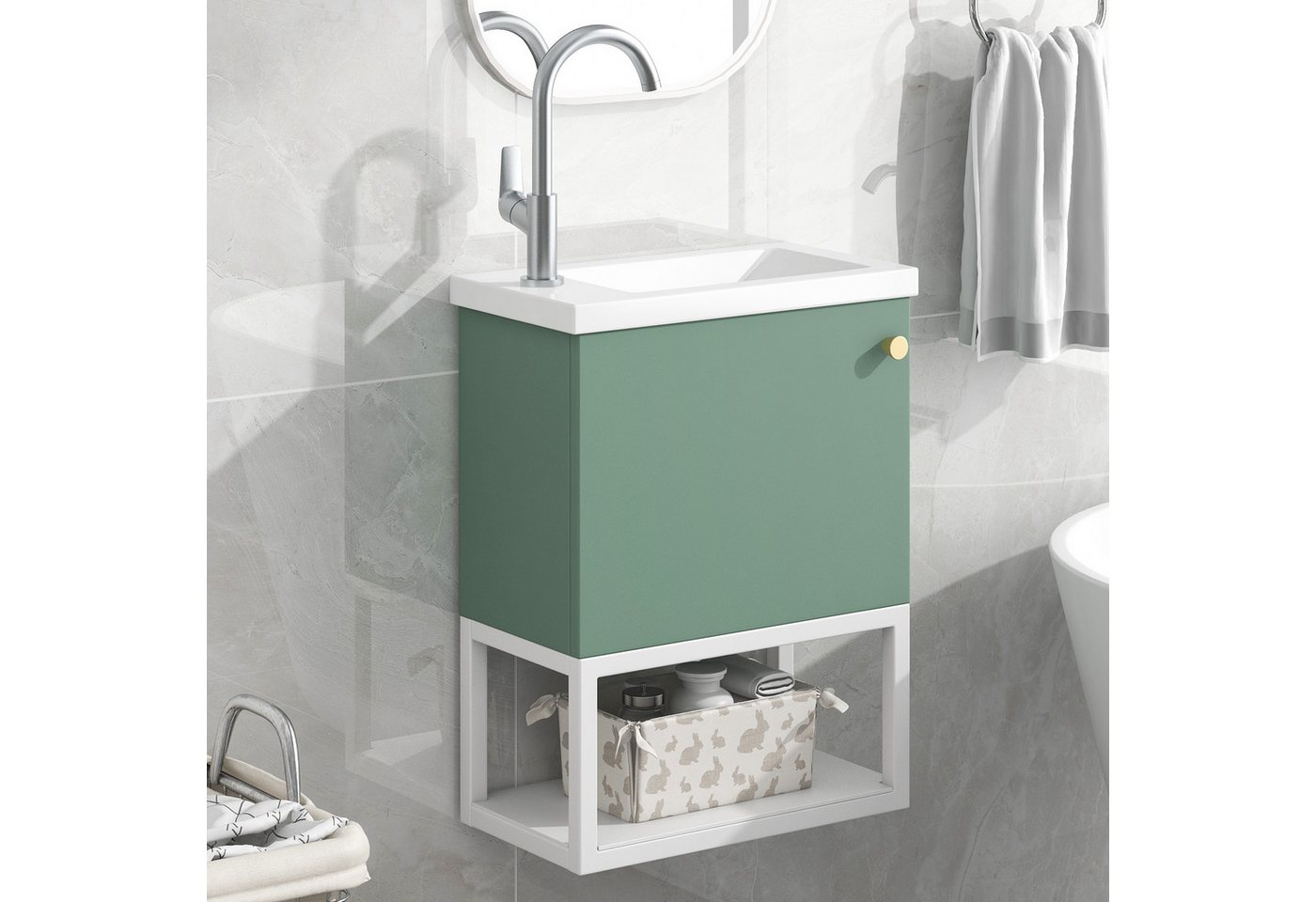 HT Waschbeckenunterschrank Waschbecken mit Unterschrank, Kleines Gäste WC Möbel, 39x21x50cm von HT