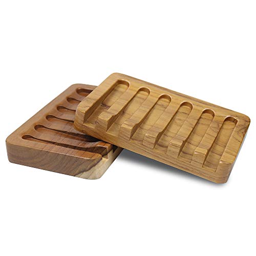 2PCS Seifenschale Holz von HTB, Teakholz Seifenablage, Seife Saver für Dusche, Bad, Badewanne, Küche Schwämme, leicht trocken verlängern Seife Leben von HTB