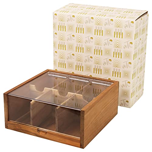 HTB Akazienholz Teeboxen Für Teebeutel, 6 Fächer Teebeutel Aufbewahrungsbox mit Acryl transparentem Klappdeckel von HTB
