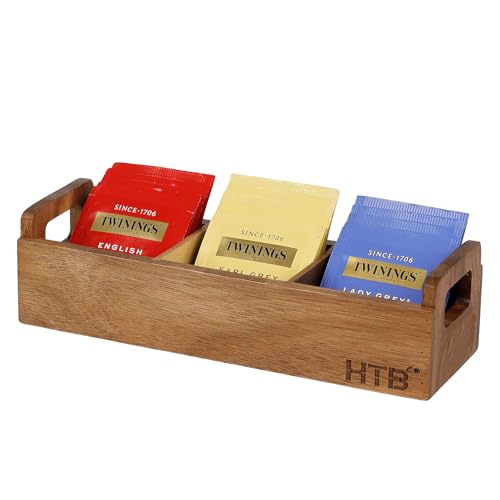 HTB Kleine Teebeutelbox aus Holz, 3 Fächer, Akazienholz, Teebeuteltruhe mit Griff, Mini-Arbeitsplatte geteilter Aufbewahrungsbehälter für Getränkebedarf, Zucker, Süßstoffe, Einzelpakete von HTB