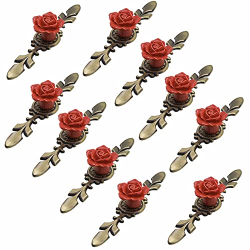 10 Stück Keramik-Schrankknöpfe, Durchmesser 41 mm, Rosenblüte mit Bronzeplatte, moderne Hardware-Materialien (rot, 170 mm)(Red,170mm) von HTGAOO