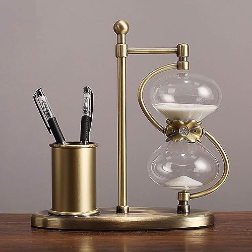 HTGAOO Zeitmanagement-Assistent, Stifthalter, 360° drehbar, große antike Sanduhr, messingfarbener Metallglas-Timer (60 Minuten)(15 Minutes) von HTGAOO