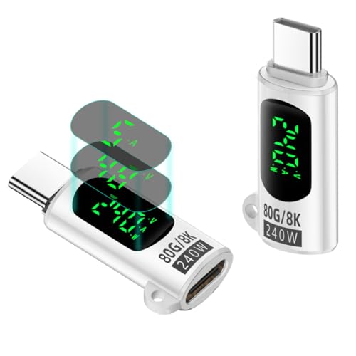 80Gbps USB C Adapter, 240W Typ C Stecker auf Buchse Extender Konverter Thunderbolt 4/3 Erweiterung Unterstützung 48V/5A 8K@60Hz OTG Datenübertragung Ladegerät mit LED Digital Display 2pack (White) von HTGuoji