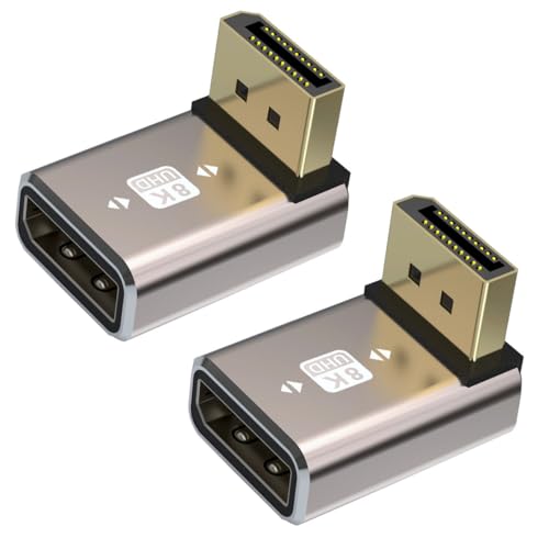 HTGuoji 8K DisplayPort 1.4 Koppler-Adapter, 90-Grad-rechtwinkliger DP-Mann zur DP-weiblichen Verlängerungs-Verbindungsstück-Unterstützung 8K@60Hz 4K@144Hz 1080p@240HZ Full HD Stereo 3D 2pcs (Down) von HTGuoji