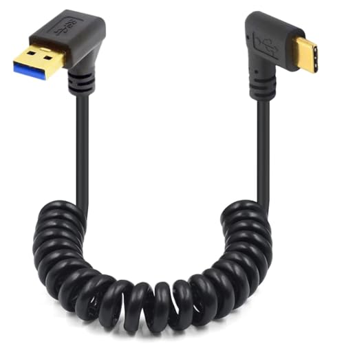 HTGuoji USB Typ C Spiralkabel, 90 Grad Feder, 5 Gbit/s, einziehbares USB 3.0 rechtwinklig zu Typ C, Lade- und Datenübertragungskabel USB C Gold auf USB 3.0 A Stecker für Telefon, Tablet (Down) von HTGuoji