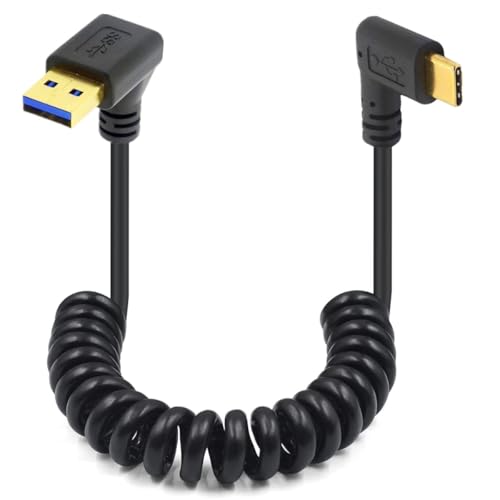 HTGuoji USB Typ C Spiralkabel, 90 Grad Feder, 5 Gbit/s, einziehbares USB 3.0 rechtwinklig zu Typ C, Lade- und Datenübertragungskabel USB C Gold auf USB 3.0 A Stecker für Telefon, Tablet (Up) von HTGuoji