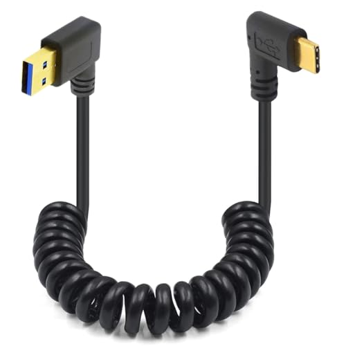 HTGuoji USB Typ C Spiralkabel, 90 Grad Feder, 5 Gbit/s, einziehbares USB 3.0 rechtwinklig zu Typ C, Lade- und Datenübertragungskabel USB C Gold auf USB 3.0 A Stecker für Telefon, Tablet (Right) von HTGuoji