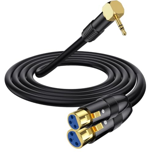 XLR zu 3.5mm Y Splitter Kabel, Rechteckiger Winkel 90Deg 3.5mm Mini Jack Stereo Stecker auf 2 XLR weibliche Mikrofon Stecker, 1/8 Zoll TRS zu Dual XLR weibliche Kabel für Laptop, Kamera (1.8 meter) von HTGuoji