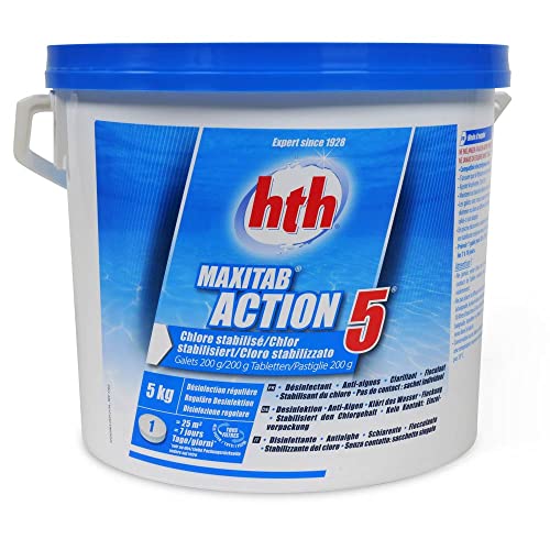 HTH 200g Multifunktions Chlortabletten 5,0 kg Eimer - 5 Wirkungen in einem Produkt von HTH