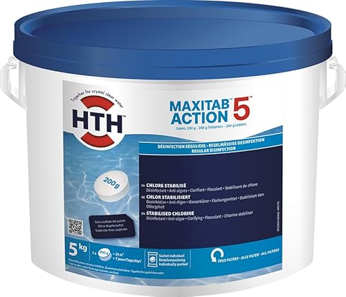 hth MAXITAB 200g Action 5, Chlortabletten für einen grossen Pool, Multifunktions-Chlor von HTH