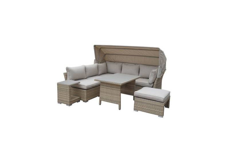 HTI-Line Gartenlounge-Set Loungemöbel-Set Sonneninsel, (Set, 6-tlg., 1 Sofa mit Sonnendach, 2 Sessel, 1 Hocker, 1 Tisch, 1 Beistelltisch), Loungegarnitur Gartenmöbel Terrassenmöbel von HTI-Line