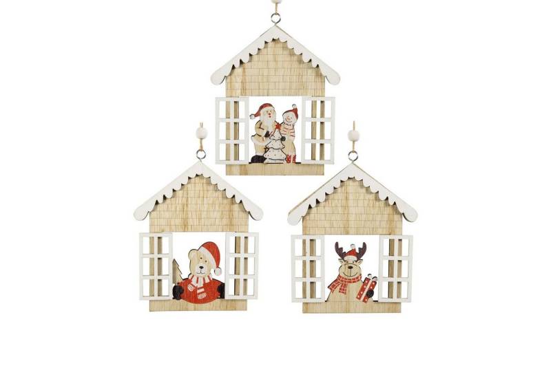 HTI-Living Christbaumschmuck Baumschmuck Häuschen Fenster, 3er Set Holz (3-tlg), Weihnachtsschmuck Christbaumschmuck von HTI-Living