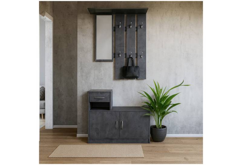 HTI-Living Garderobe Garderobe Beton mit Spiegel Schrank und Ablage (Set, 2 St., 1 Garderobenpaneel mit Spiegel, 1 Schuhschrank), mit Spiegel Hutablage und 5 Kleiderhaken von HTI-Living