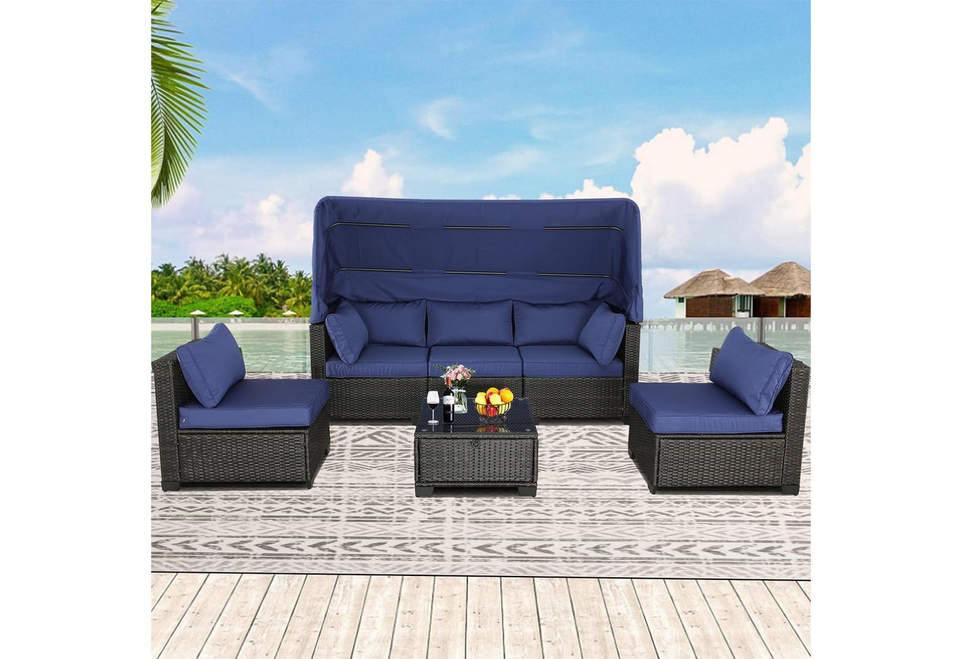 HTI-Living Garten-Essgruppe Loungemöbel Blau/Braun 6-teiliges Set, (Set, 6-tlg., 2 Eckteile, 3 Sessel, 1 Tisch, mit Sitzkissen), Outdoor Sofa Gartenlounge Gartensofa von HTI-Living