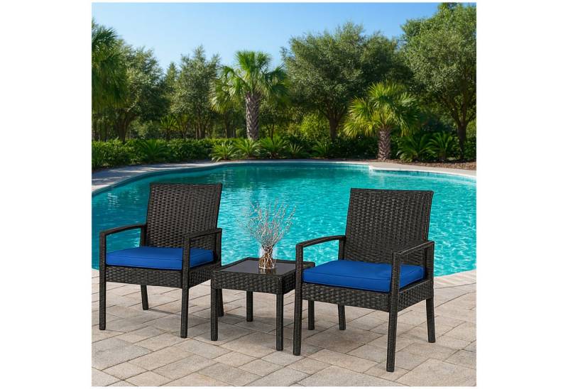 HTI-Living Garten-Essgruppe Sitzgruppe 3-teilig Santadi Blaue Kissen, (Set, 3-tlg., 1 Tisch 2 Stühle), Balkonmöbel Terrassenmöbel von HTI-Living
