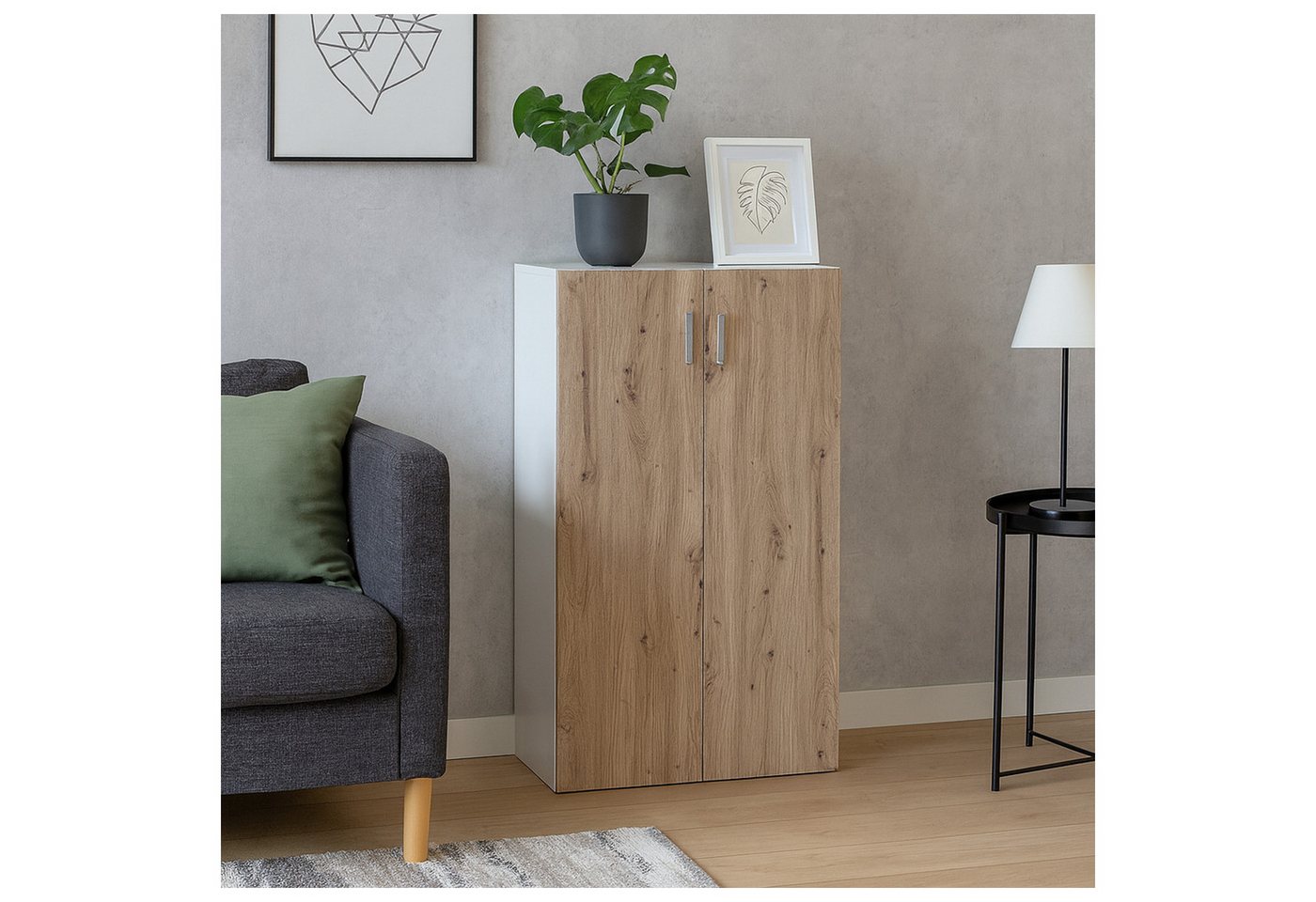 HTI-Living Mehrzweckschrank Kommode mit 3 Regalfächern Nina Weiß-Artisaneiche (Stück, 1-St., 1 Kommode) Schrank Anrichte Sideboard von HTI-Living