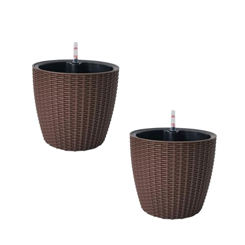 HTI living Blumentopf Hydro Ø 21 cm 2er Set Nessa Braun mit Wasserspeicher und Wasserstandsanzeiger von HTI living