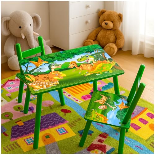 HTI living Kindertisch mit Stühlen Kinder Sitzgruppe Dino Motiv bunt aus MDF Kindertischgruppe Dino mit 2 Stühlen von HTI living