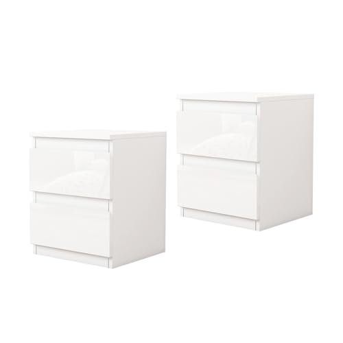 HTI living Nachtschrank Kenji Hochglanz Weiß 2er-Set Nachtkommode 2 Schubladen von HTI living