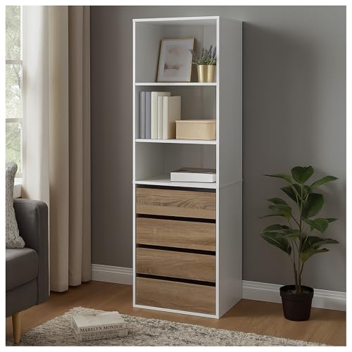 HTI living Schrank mit 4 Schubladen und 3 offenen Fächern Weiß/Sonoma Highboard Standregal Mehrzweckschrank von HTI living
