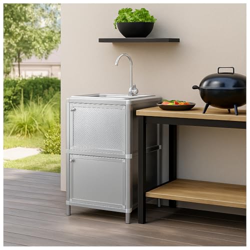 Spüle mit Unterschrank für Outdoorküche Silber für Garten und Camping mit Edelstahl-Armatur HTI living von HTI living